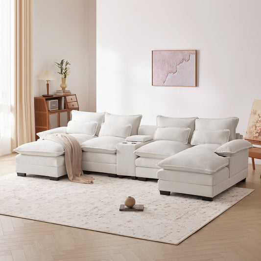 123*55" Modern U-Shaped Sofa With Console,Cupholders and USB Ports,6-Seat Upholstered Symmetrical Indoor Furniture