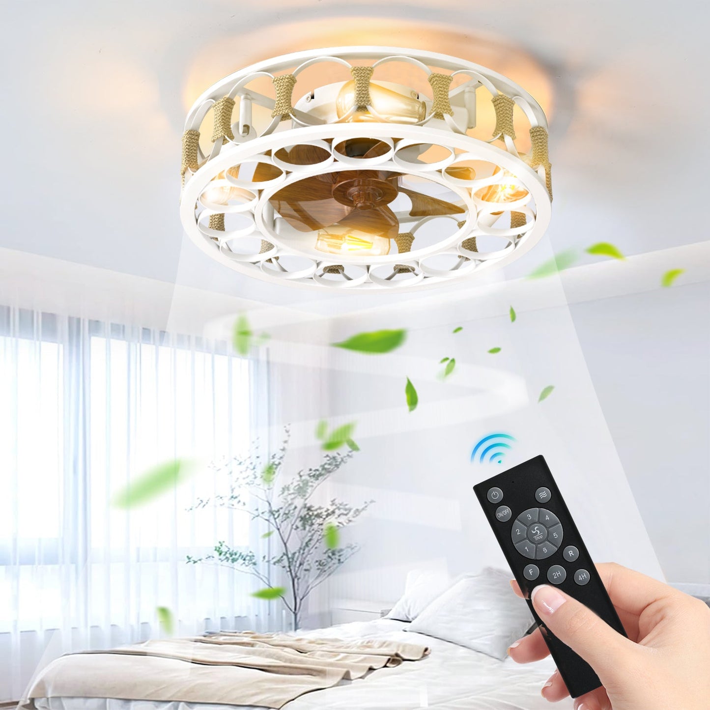 Caged Ceiling Fan With Lights Remote Control,Semi -Embedded Modern Ceiling Fans, 6 Speeds Reversible Blades, 4 LED Bulbs