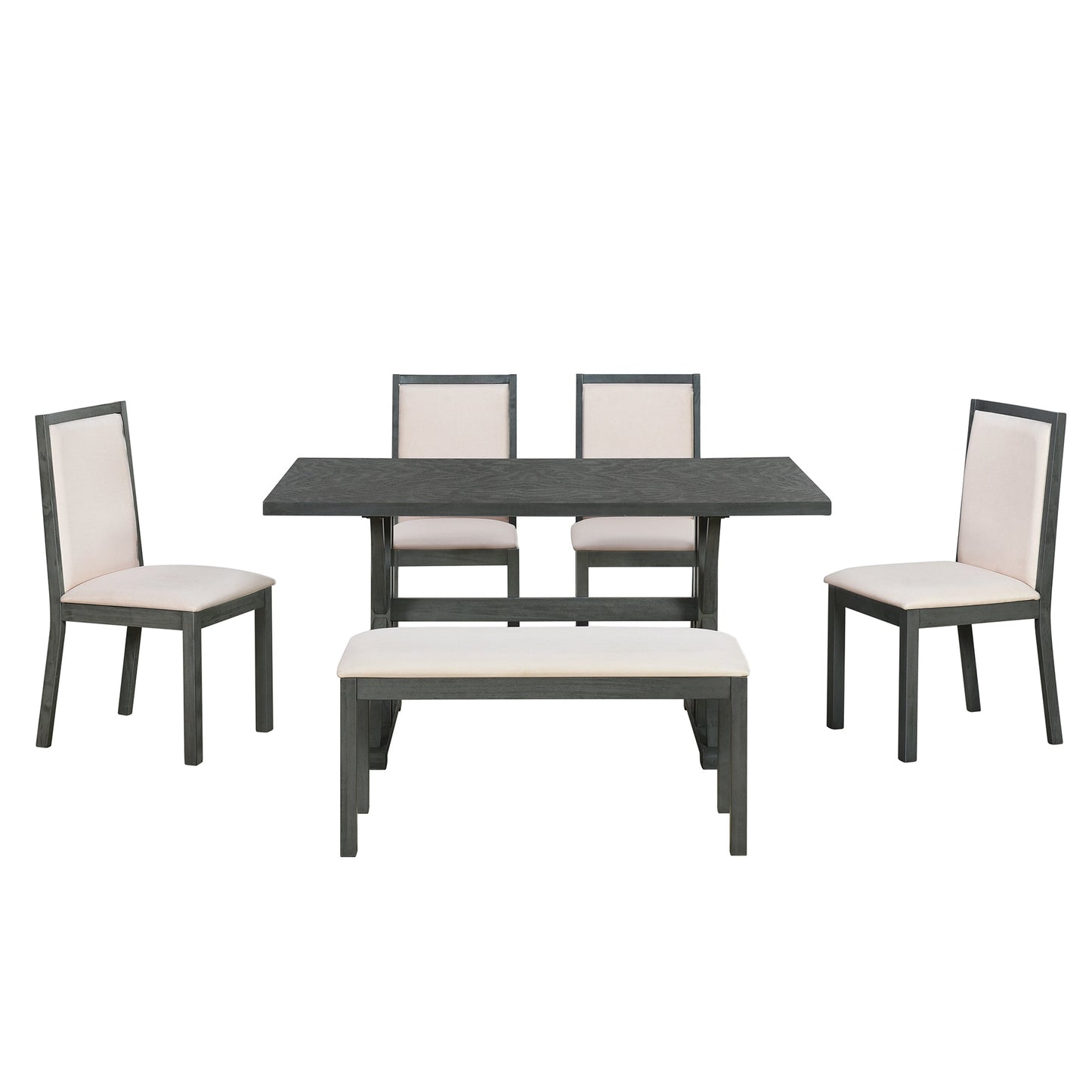 Farmhouse Classical 6-Piece Dining Table Set With Trestle Legs,Kitchen Table Set for 6 With 4 Upholstered Dining Chairs