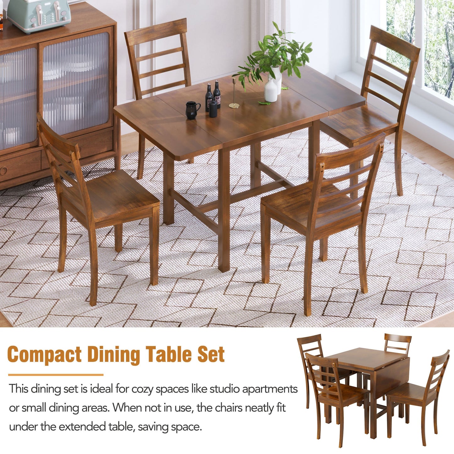 5-Piece Wood Square Drop Leaf Breakfast Nook Extendable Dining Table Set With 4 Ladder Back Chairs for Small Places