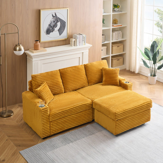 An 80-Inch Foldable and Hidden Chaise Longue Orange Corduroy Sofa With Cup Holders on the Armrests, a Footrest and Storage