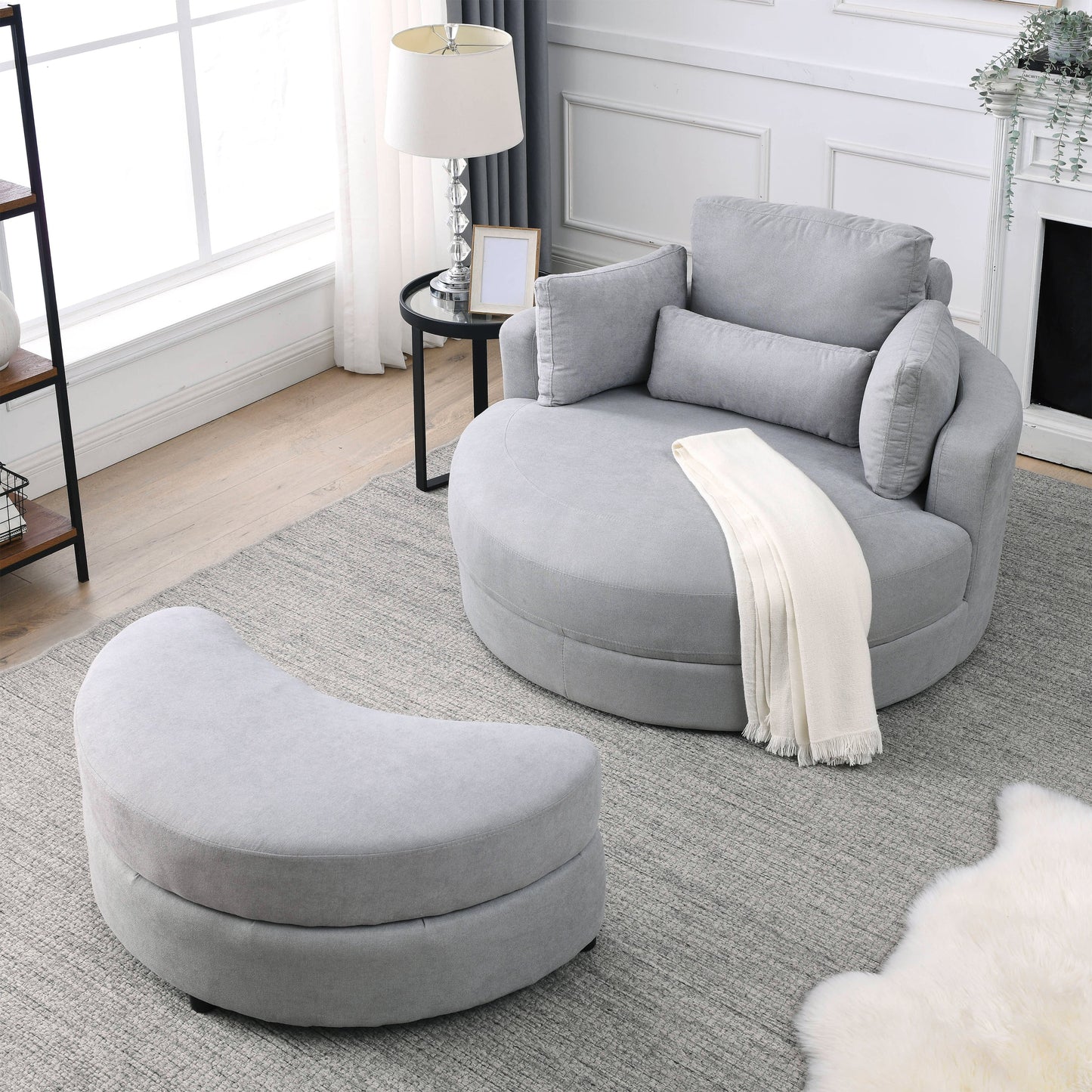 Swivel Accent Barrel Modern Grey Sofa Lounge Club Big Round Chair With Storage Ottoman Linen Fabric for Living Room