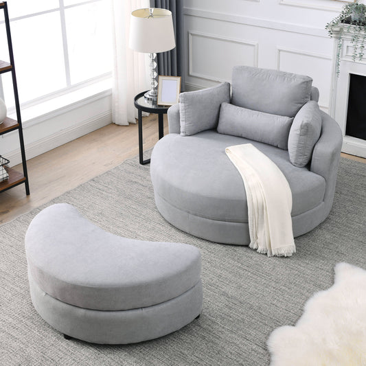 Swivel Accent Barrel Modern Grey Sofa Lounge Club Big Round Chair With Storage Ottoman Linen Fabric for Living Room