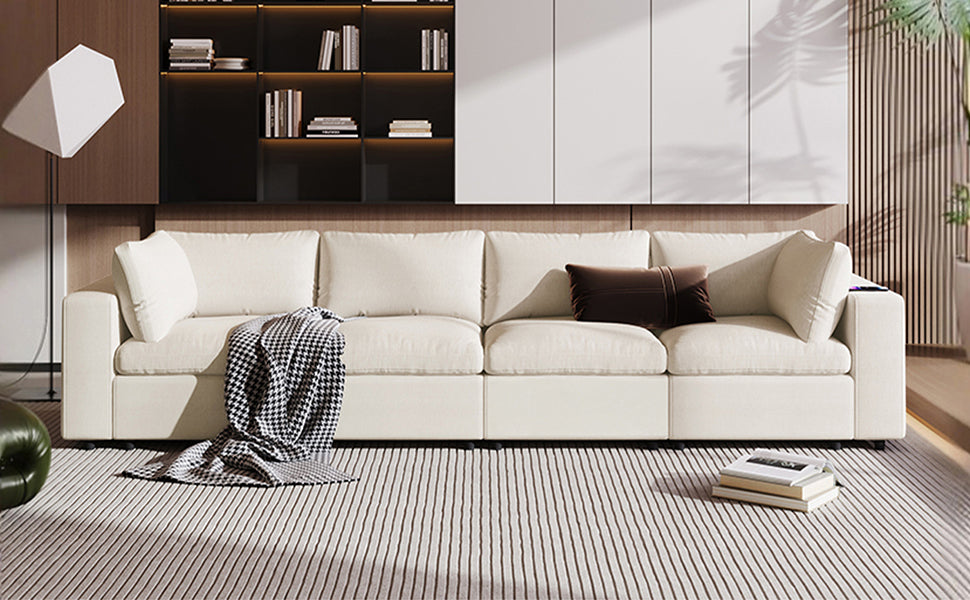 Upholstered Modular Sofa With  With Storage Space, USB Charge Ports,Wireless Charging and Built-In Bluetooth Speaker