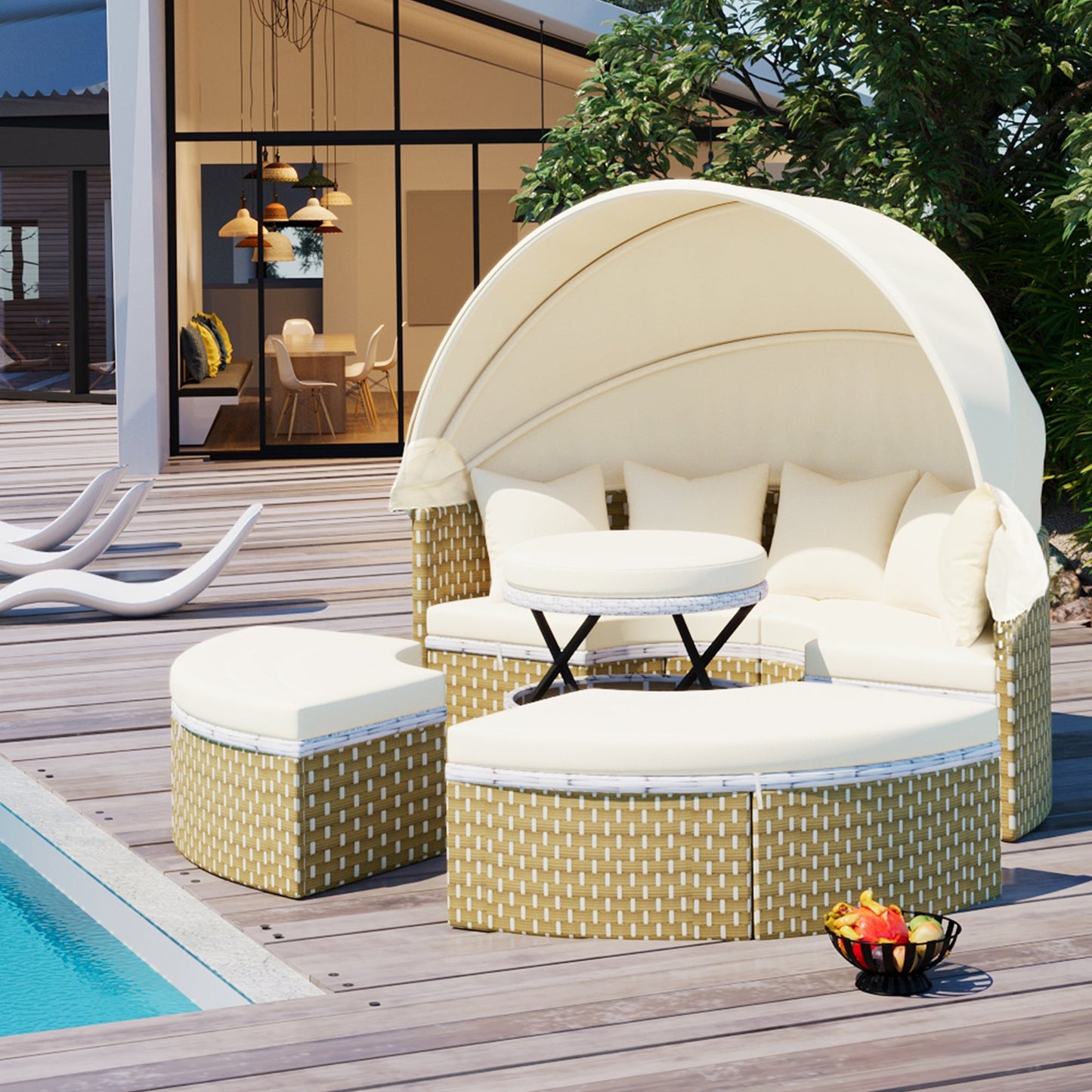 Patio Furniture Round Outdoor Sectional Sofa Set Rattan Daybed Two-Tone Weave Sunbed With Retractable Canopy