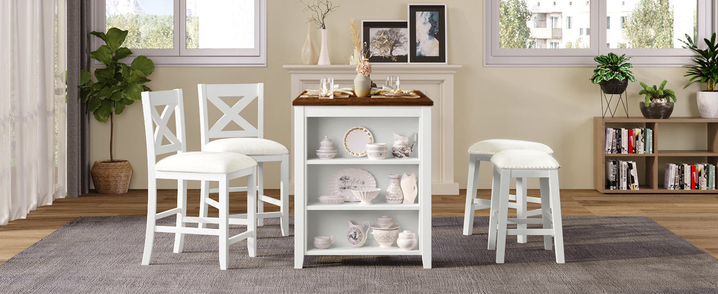 5 Pieces Counter Height Rustic Farmhouse Dining Room Wooden Bar Table Set With 2 Stools and 2 Chairs, White