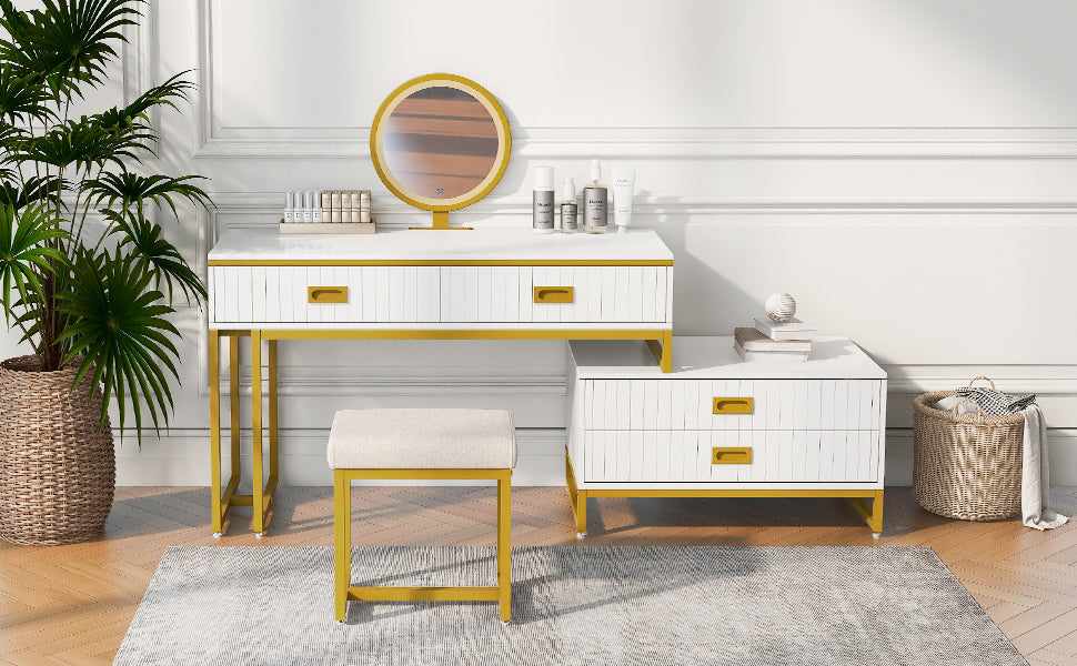 Modern Style Vanity Table With Movable Side Cabinet and 4-Drawers, Large Size Dressing Table With Mirror and 3-Colors