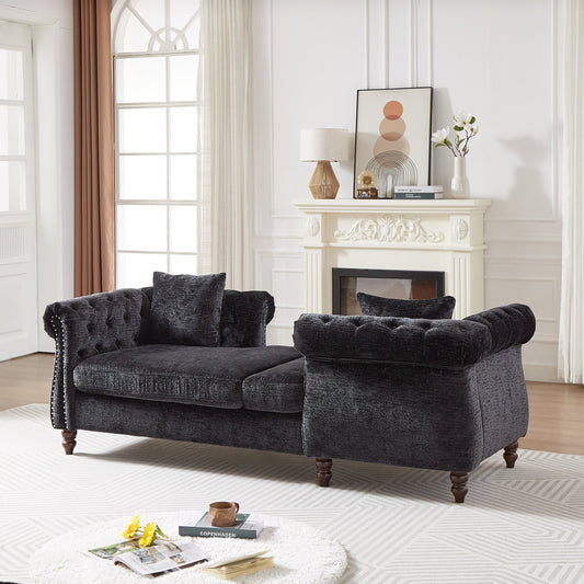 81-Inch Chenille Face-To-Face Chaise Lounge With Two Pillows,Nailhead Trim,Button Tufted Design