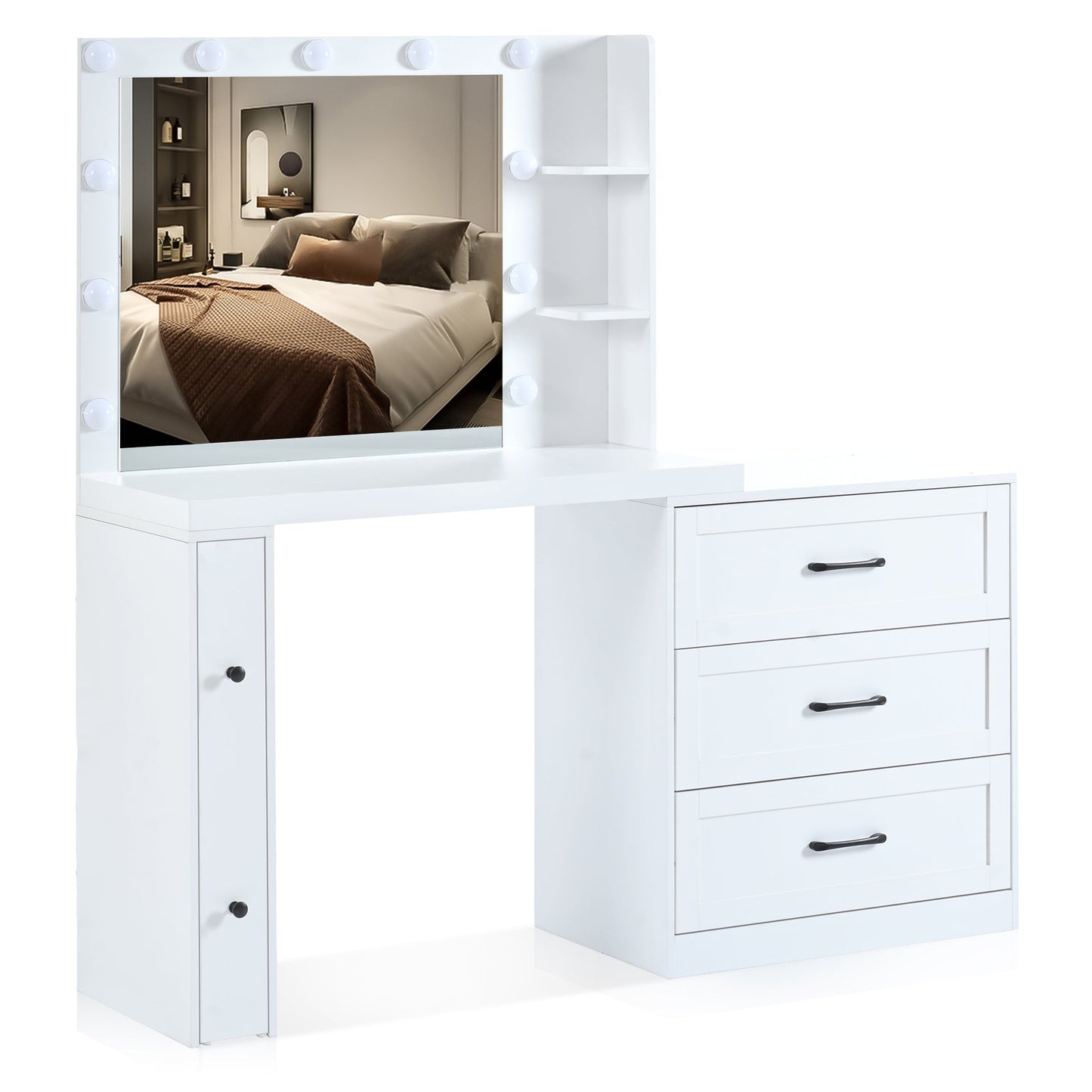 55.2" Vanity Desk With Freely Adjustable Side Cabinet, Makeup Vanity With Hollywood Lights, 5 Storage Drawers & 2-Shelve