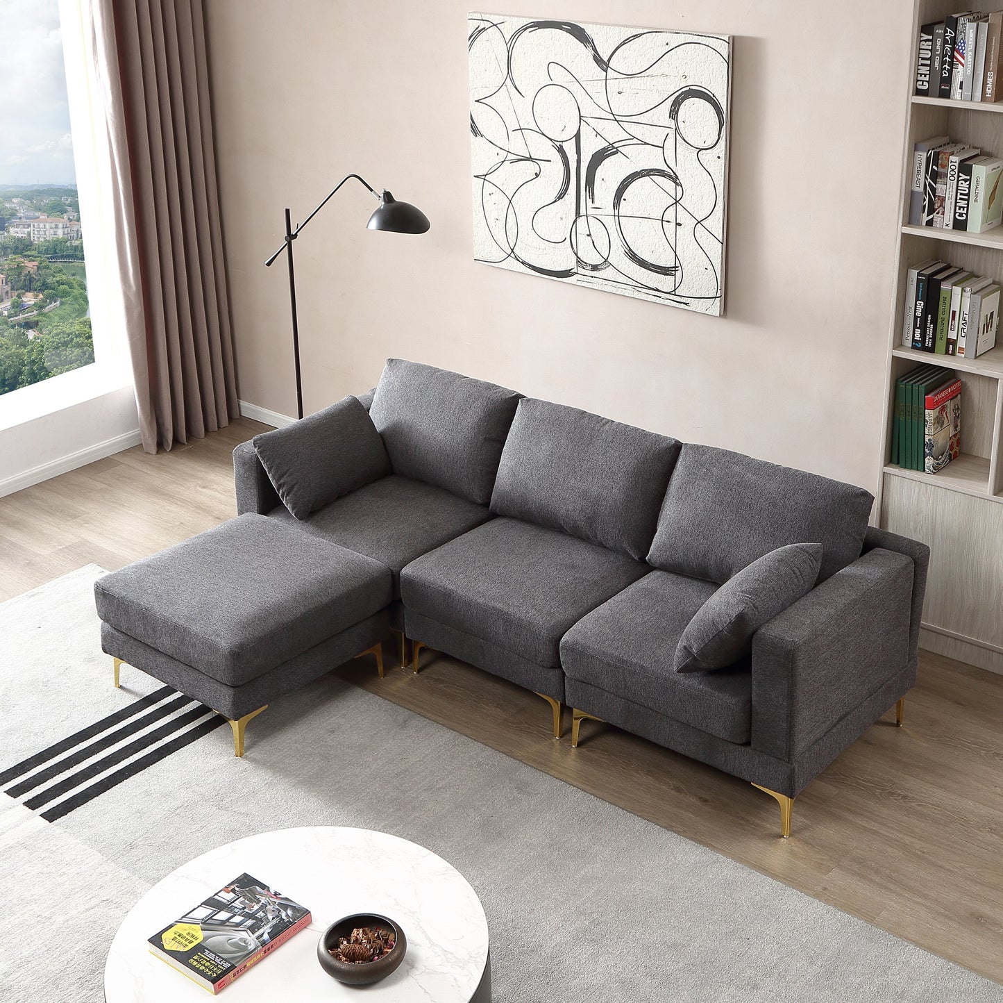 Living Room Furniture Modern Leisure L Shape Couch Dark Grey Fabric