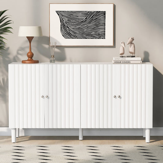 Elegant Four-Door Sideboard With Wavy Pattern Doors, Cylindrical Legs, and Sleek Metal Handles, Adjustable, Suitable