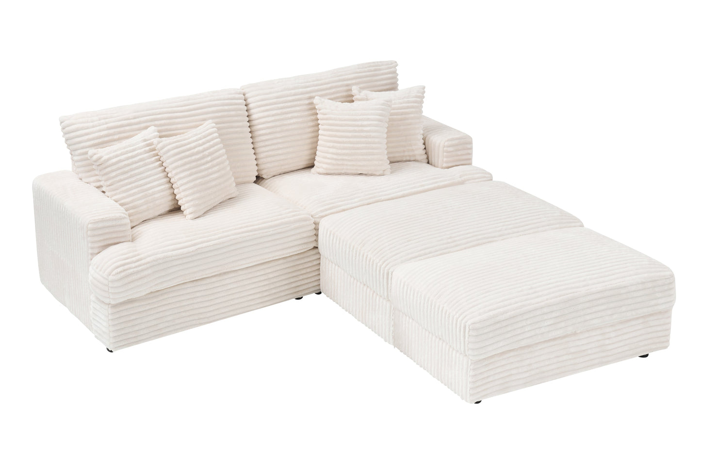 82 Inches Beige Corduroy Sofa, Two Storage Feet +4 Throw Pillows, Create a Living Room, Office Fashion New Darling