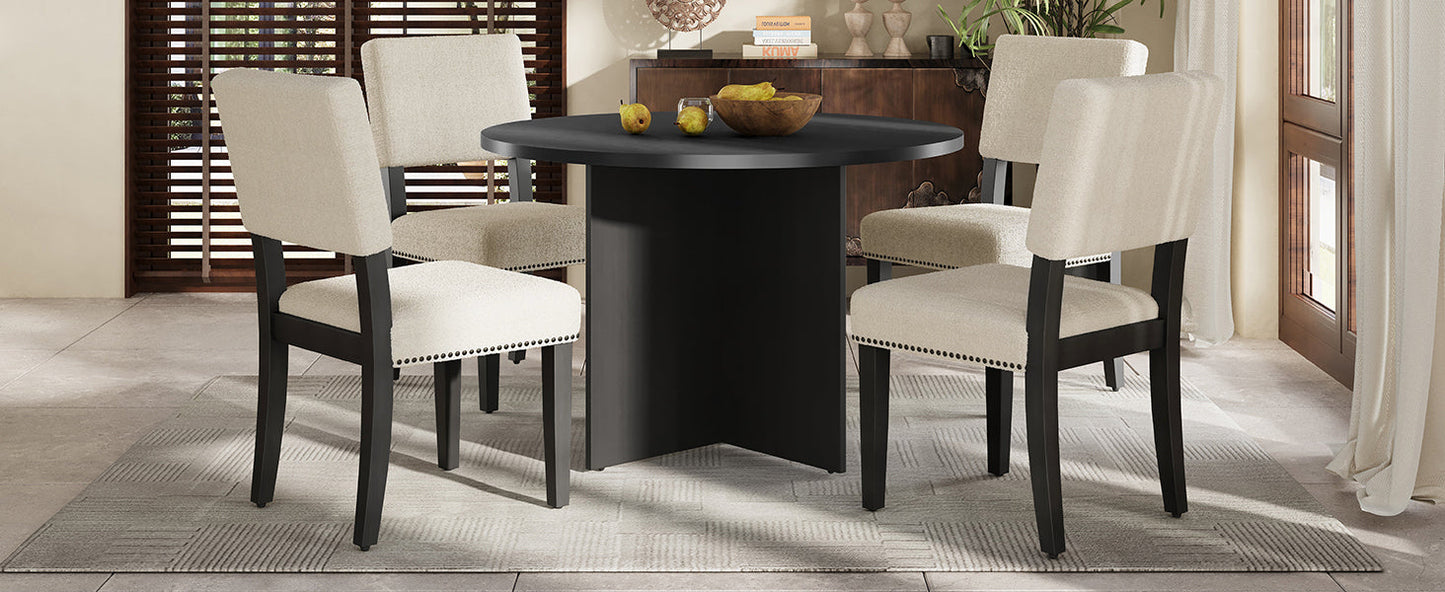 Modern 5-Piece Round Dining Table Set Pedestal Kitchen Table Set With 4 Upholstered Dining Chairs