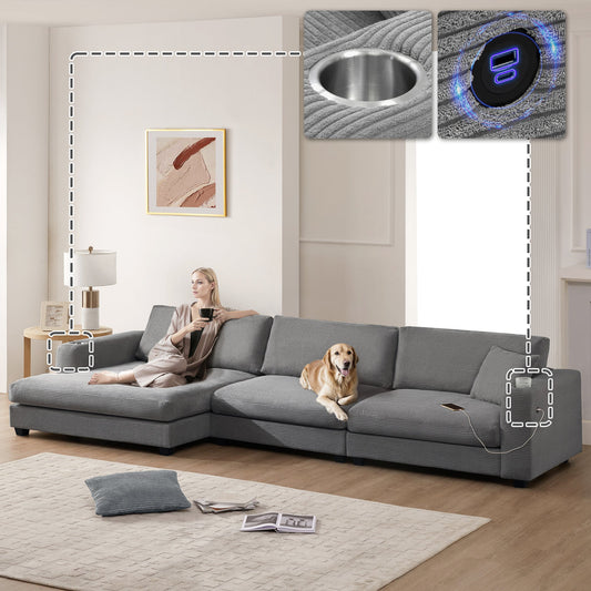 134*54"Oversized Corduroy Sectional Sofa,L Shaped Cloud Couch With USB Charging Port,Cup Holder,Deep Seat Sofa Bed