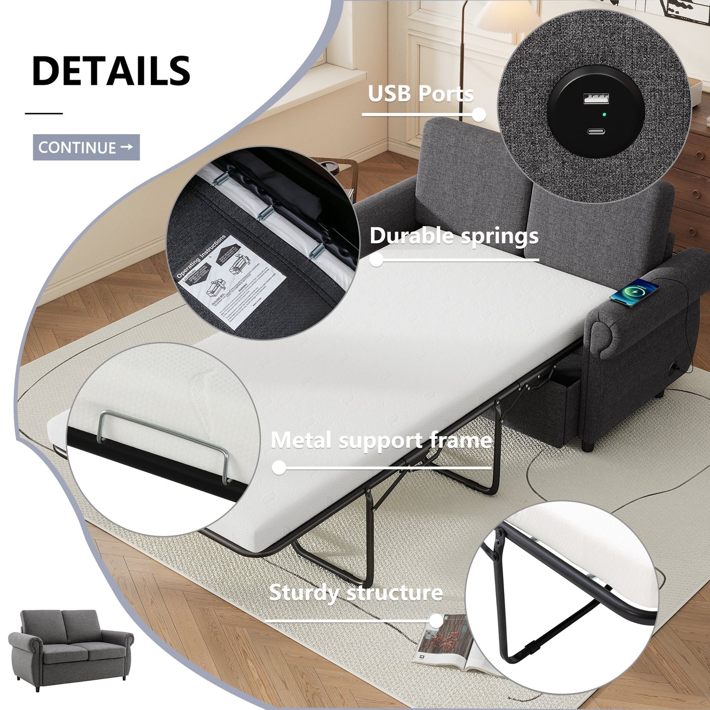 57.9" Pull Out Sofa Bed  Loveseat Sleeper With Twin Size Memory Mattress With Two USB Ports for Living Room Spaces