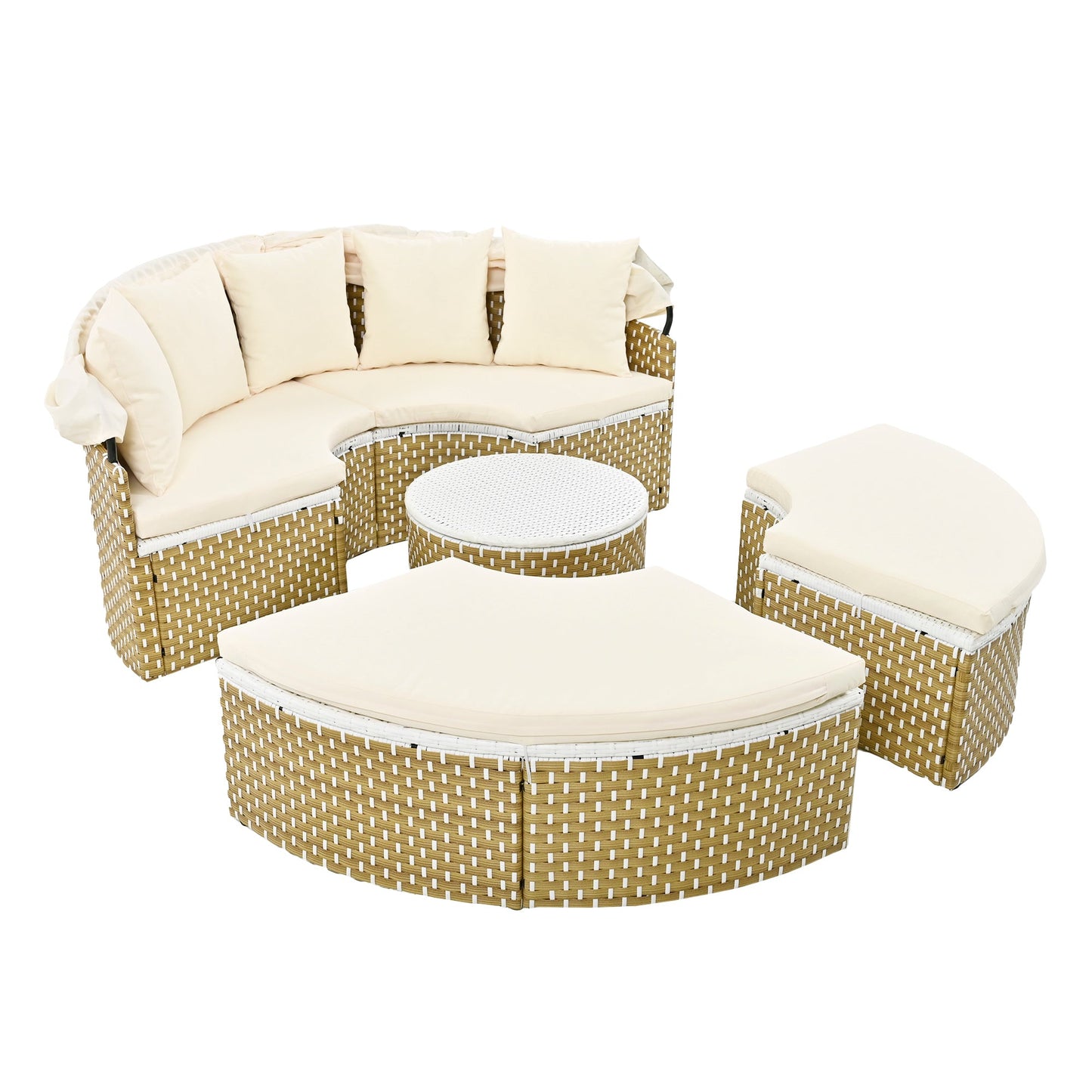 Patio Furniture Round Outdoor Sectional Sofa Set Rattan Daybed Two-Tone Weave Sunbed With Retractable Canopy