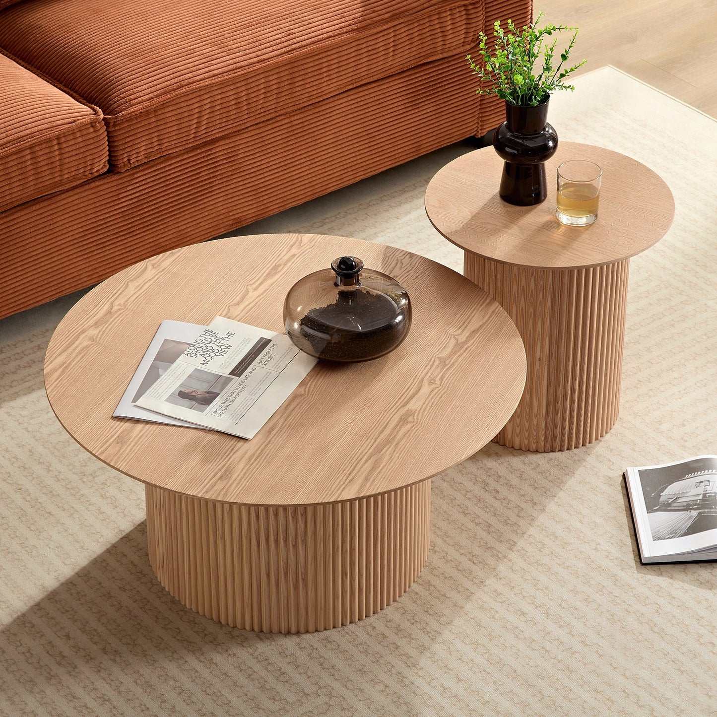 17.71 Inch Round Fluted Side Table Circle Small Accent Table for Living Room Mid Century  Circle Bedside Table for Bedroom