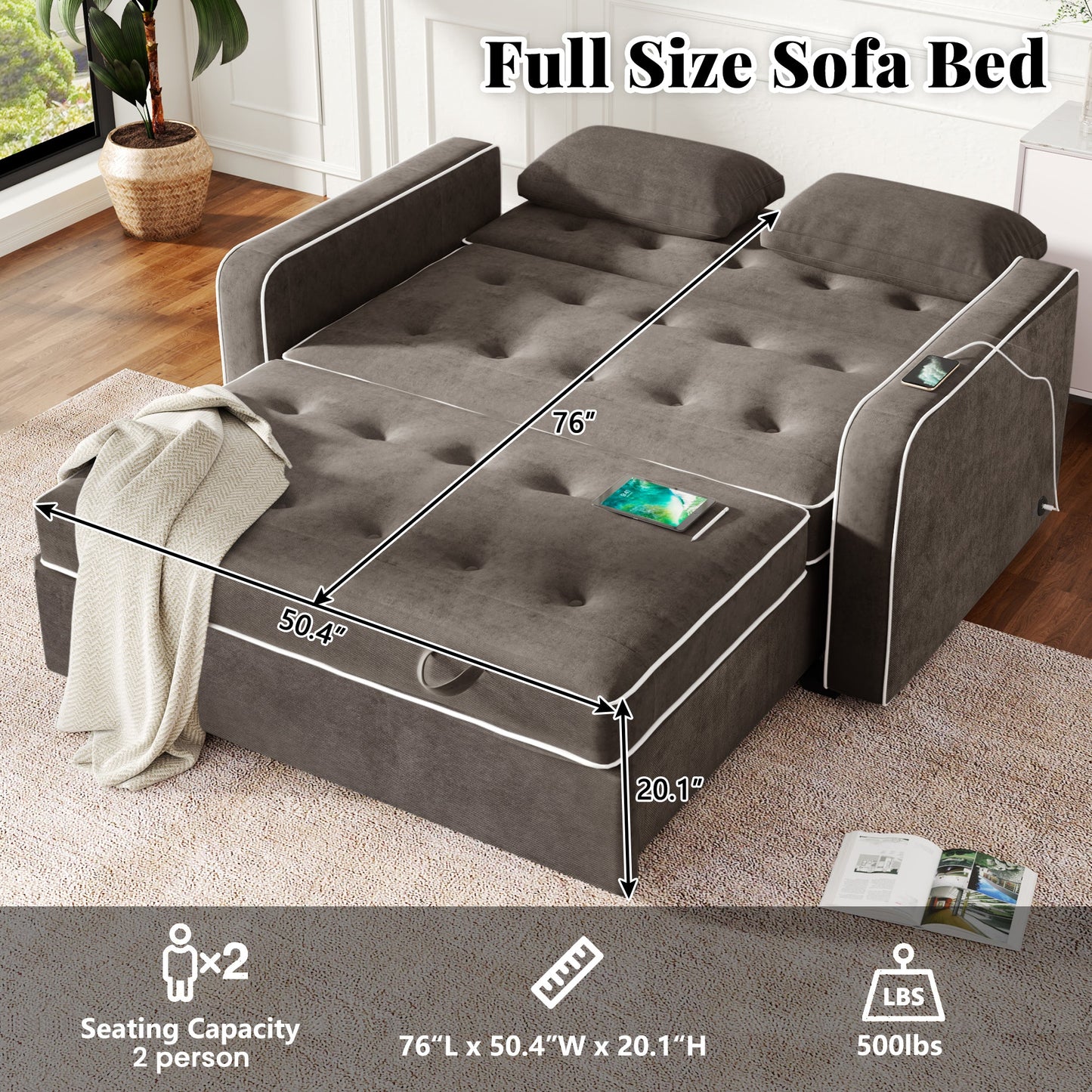 65.7" Linen Upholstered Sleeper Bed , Pull Out Sofa Bed Couch Attached Two Throw Pillows,Dual USB Charging Port