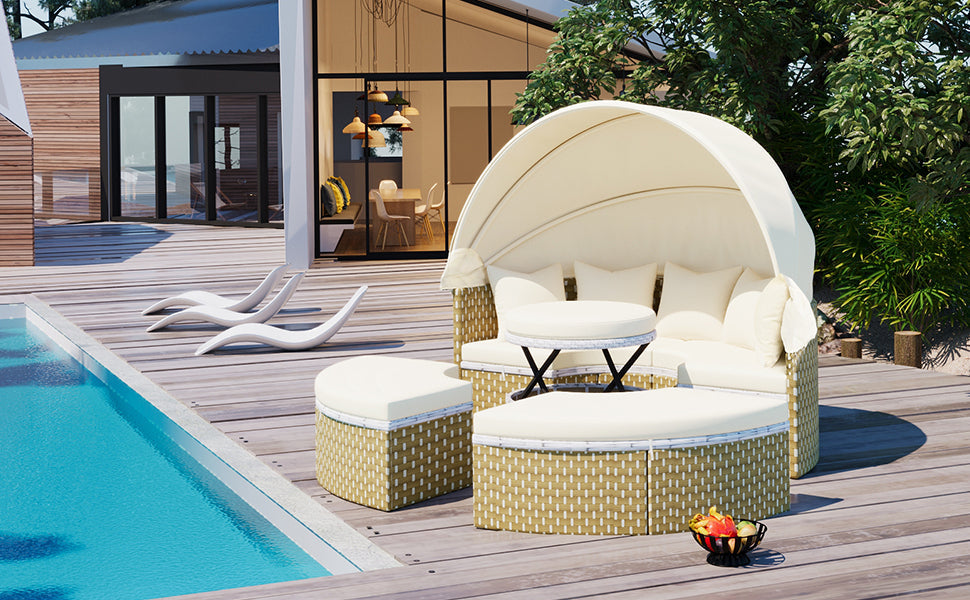 Patio Furniture Round Outdoor Sectional Sofa Set Rattan Daybed Two-Tone Weave Sunbed With Retractable Canopy