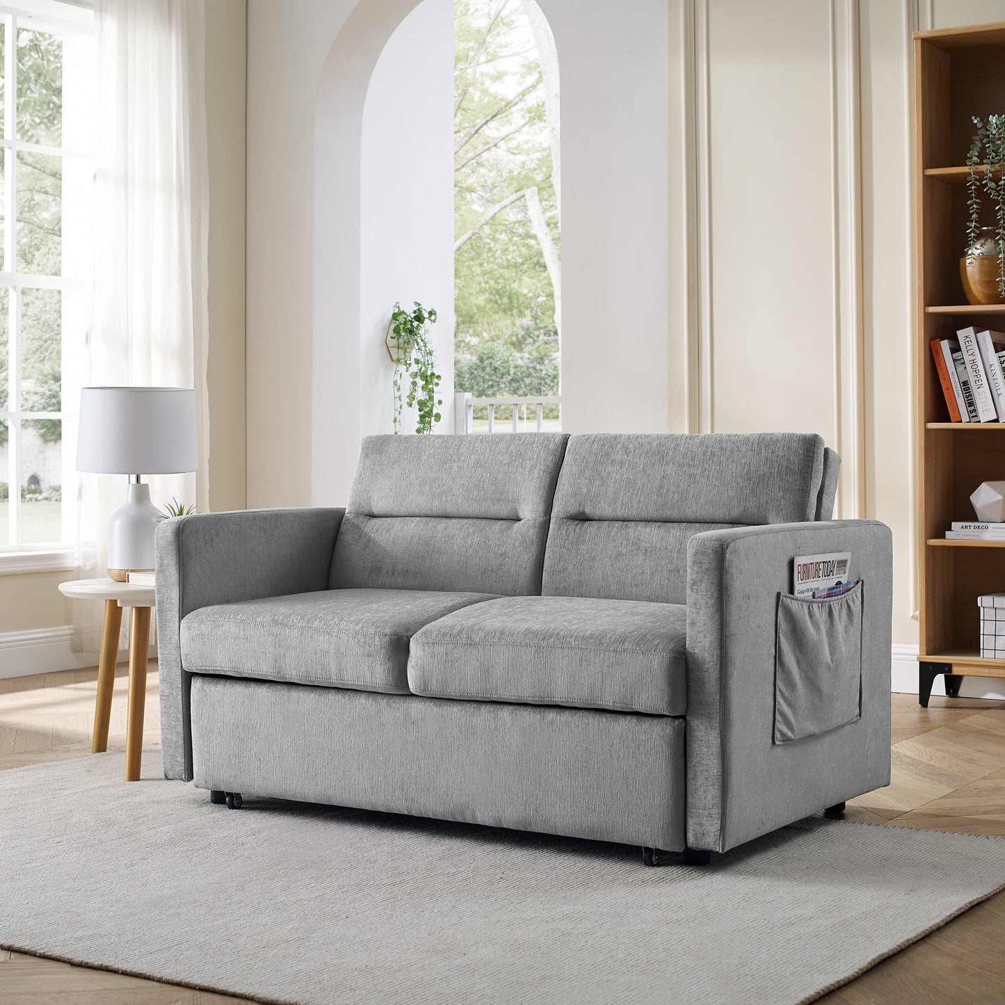 Loveseats Sofa Bed With Pull-Out Bed, Adjsutable Back and Two Arm Pocket,Grey