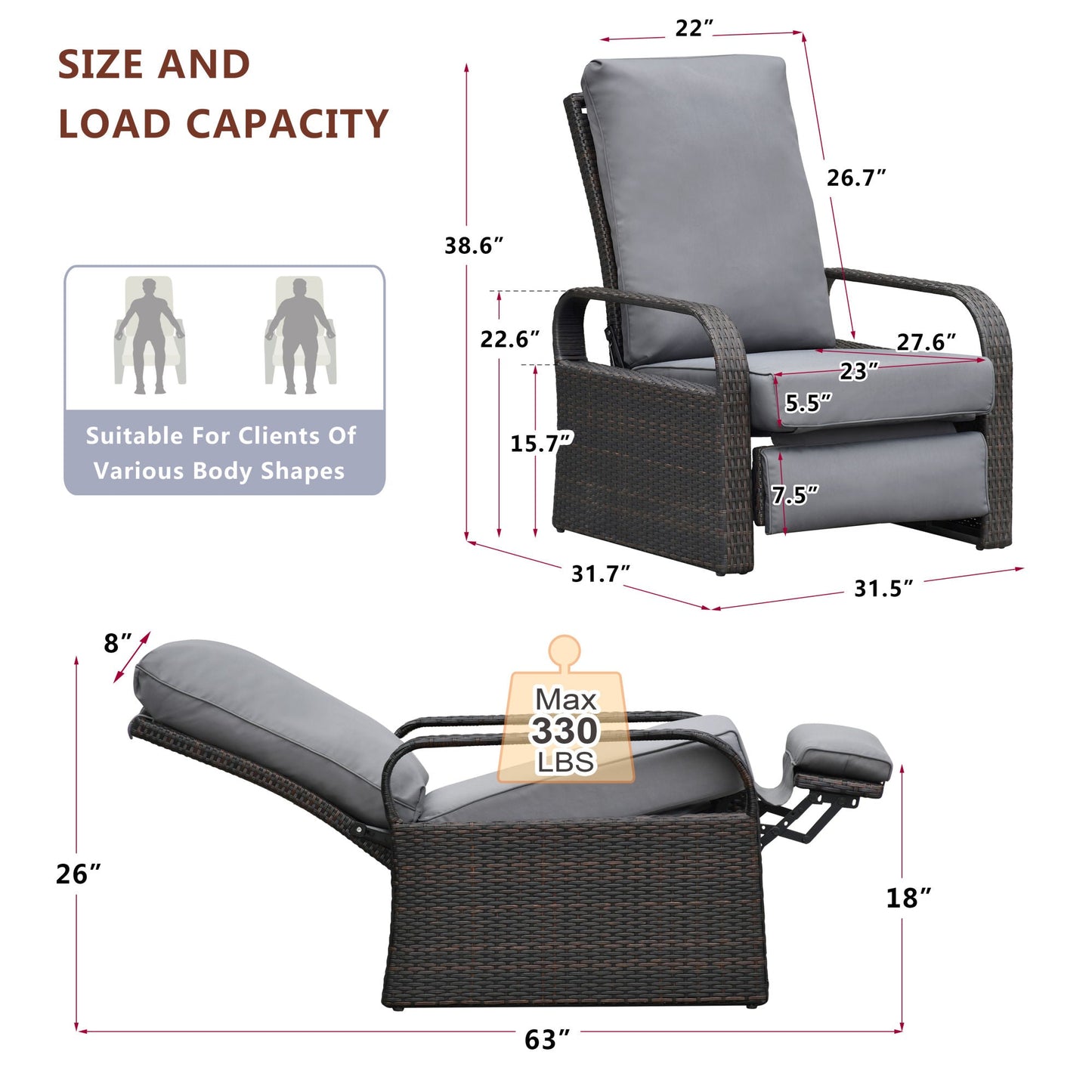 Outdoor Recliner Chair;  Automatic Adjustable Wicker Lounge Recliner Chair With 5.12'' Thicken Cushion