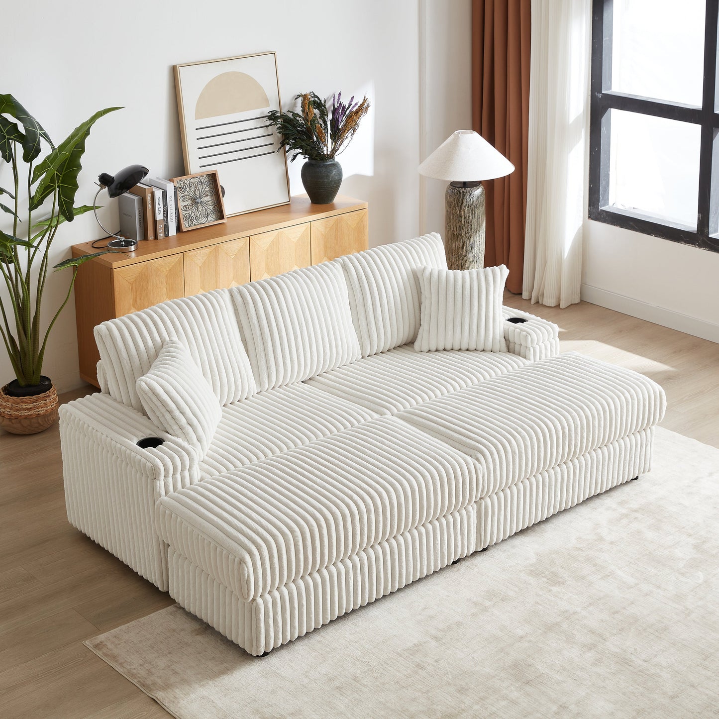 84Inch Corduroy 3-Seater Sofa With 3 Back Pillows ,2 Toss Pillows , a Ottoman ,2storage Spaces and Cup-Holding Grooves