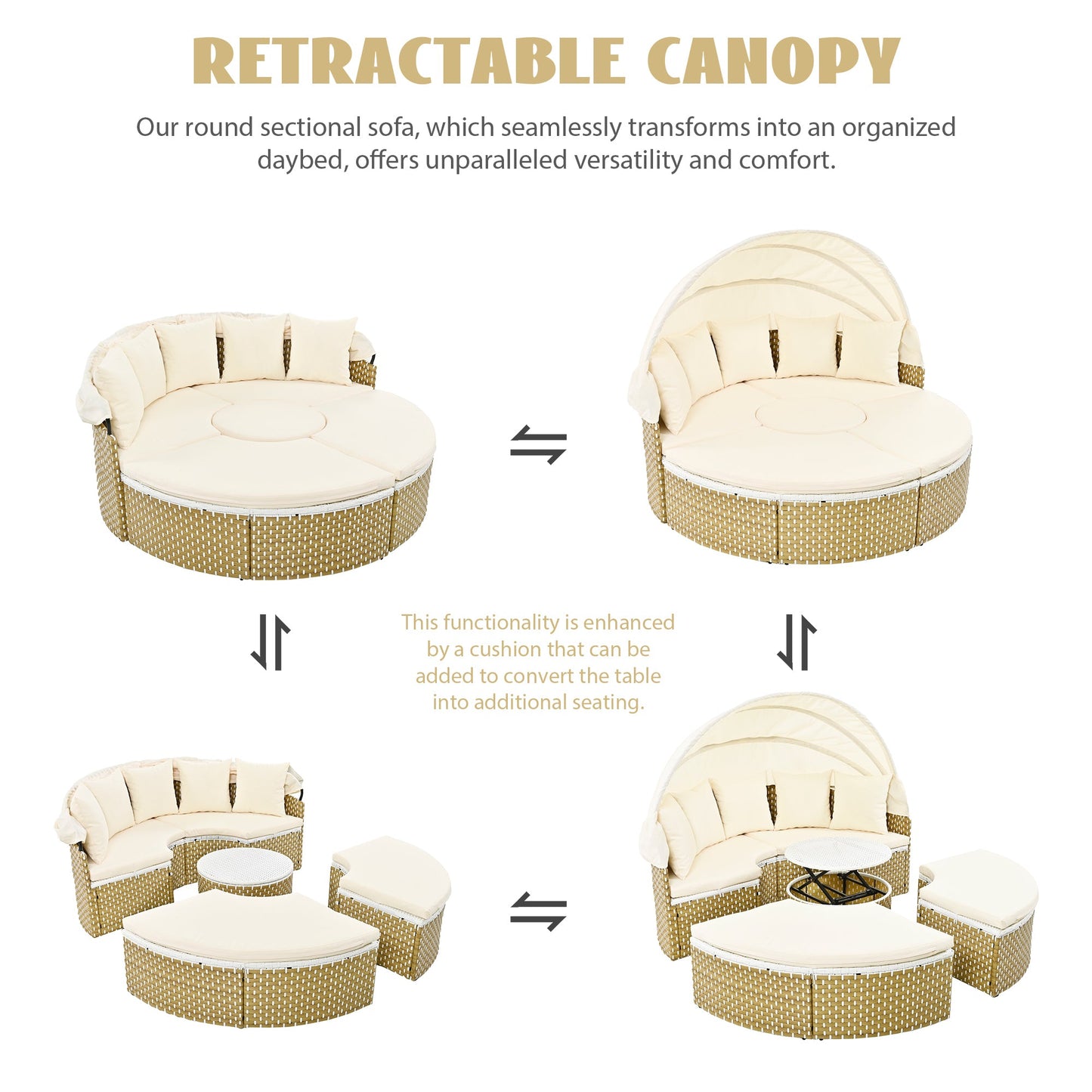Patio Furniture Round Outdoor Sectional Sofa Set Rattan Daybed Two-Tone Weave Sunbed With Retractable Canopy