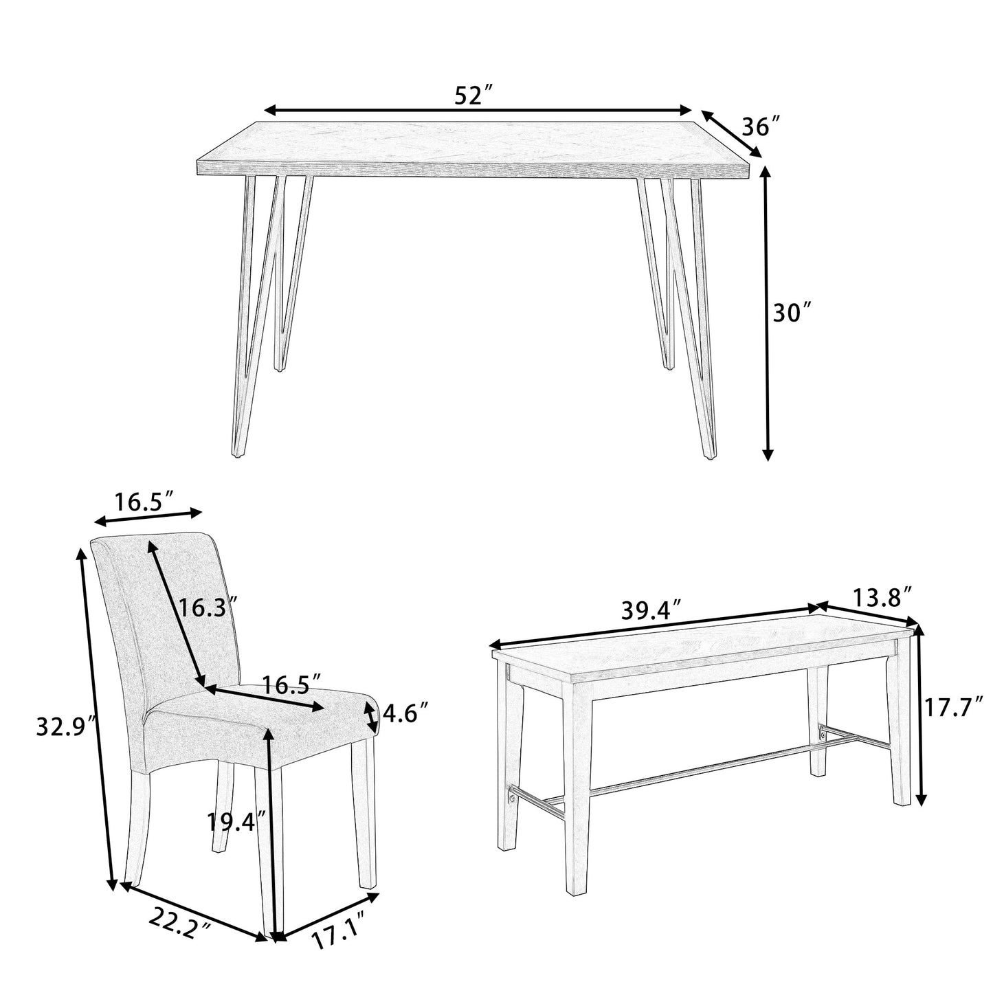 Modern 6-Piece Dining Table Set With V-Shape Metal Legs, Wood Kitchen Table Set With 4 Upholstered Chairs and Bench