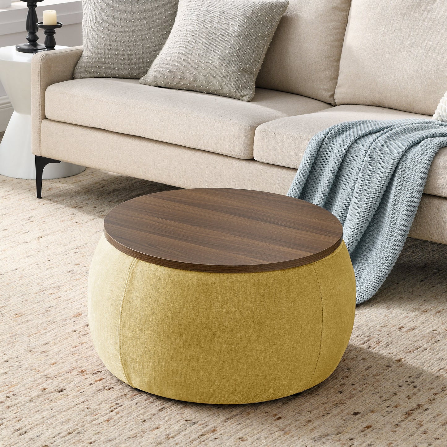 Round Storage Ottoman, 2 in 1 Function, Work as End Table and Ottoman, Yellow