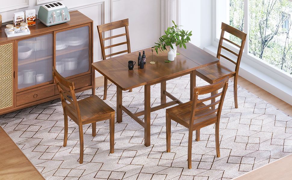 5-Piece Wood Square Drop Leaf Breakfast Nook Extendable Dining Table Set With 4 Ladder Back Chairs for Small Places