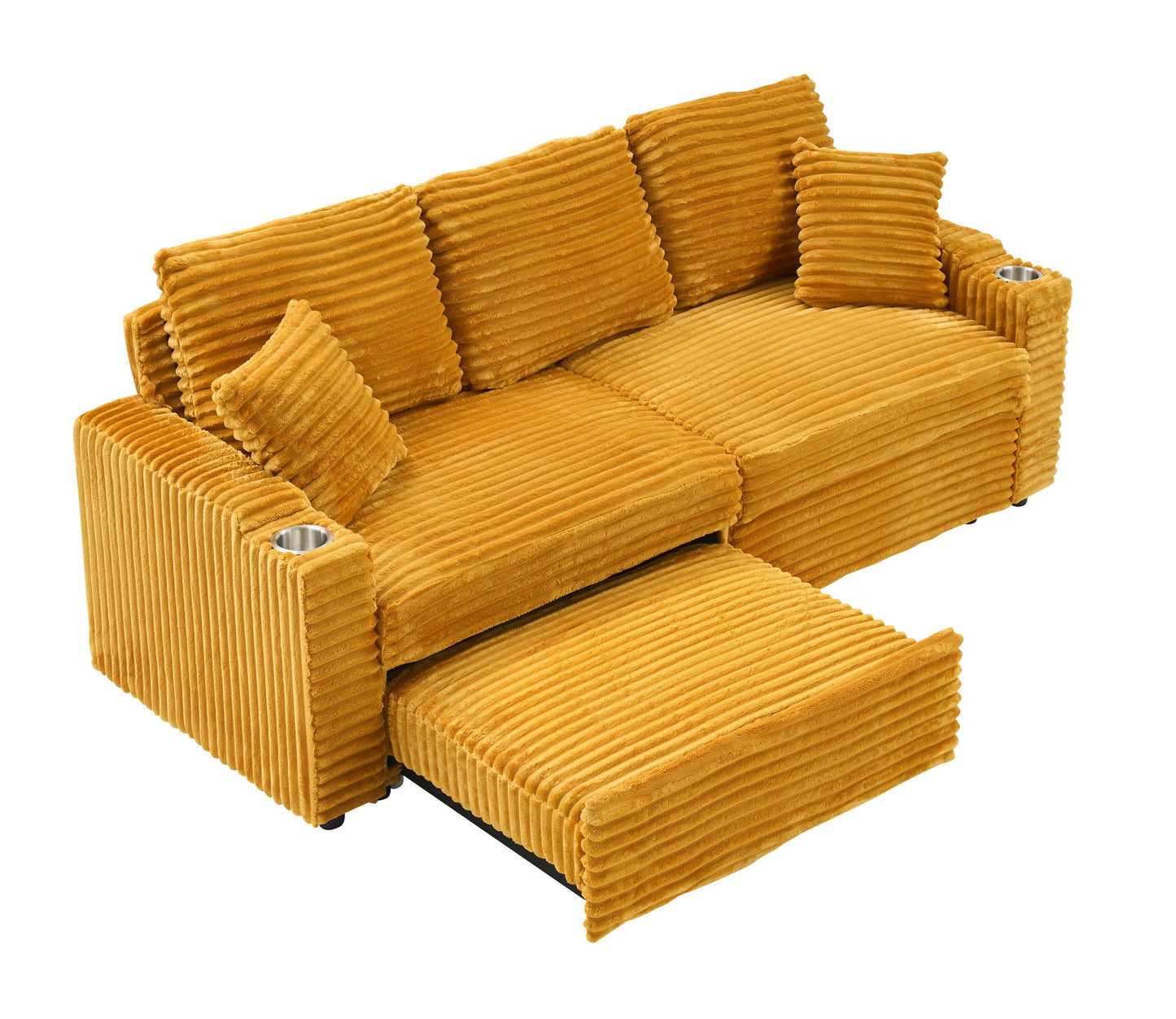 An 80-Inch Two-In-One Pull-Out, Foldable and Hidden Chaise Longue Orange Corduroy Sofa With Cup Holders and Pillows