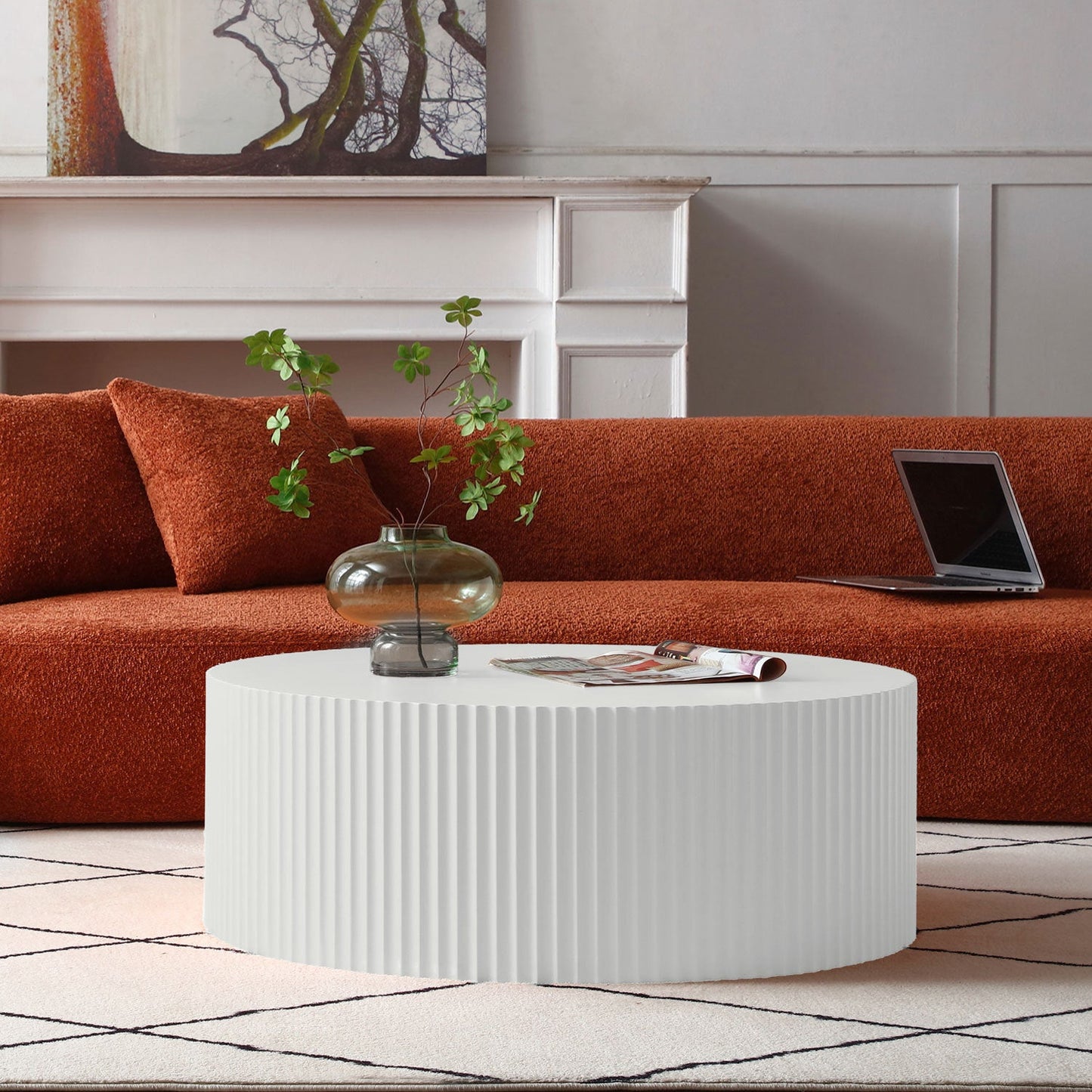 Contemporary Round Coffee Table With Handcrafted Relief, Whtie