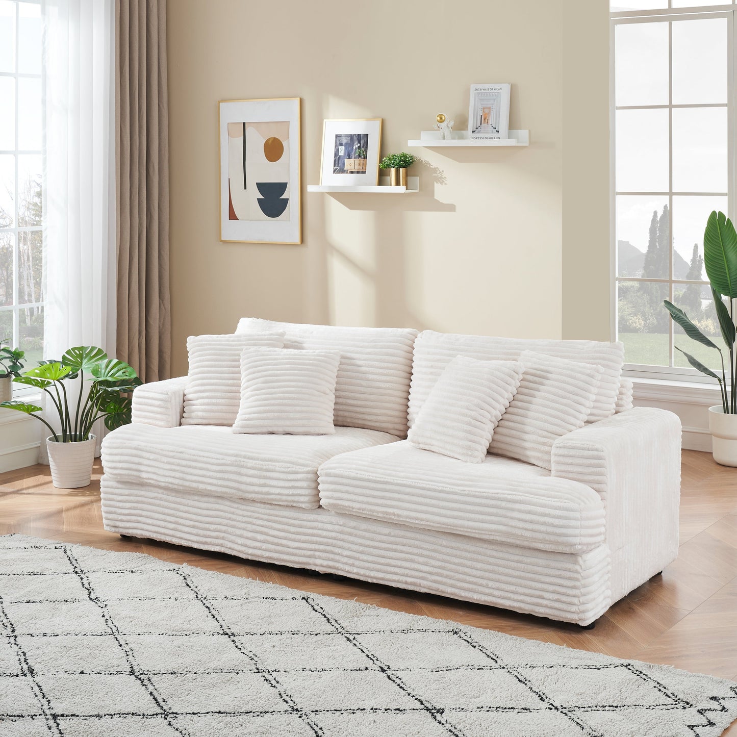 79.3 Inches Long, Corduroy Sofa, With 4 Matching Toss Pillows Sleek Design Spacious and Comfortable 3 Seater Couch