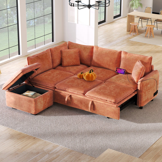 82.67"Convertible Sofa Bed Sectional Sofa Sleeper L-Shaped Sofa With a Storage Ottoman,Two Pillows, Two Power Sockets