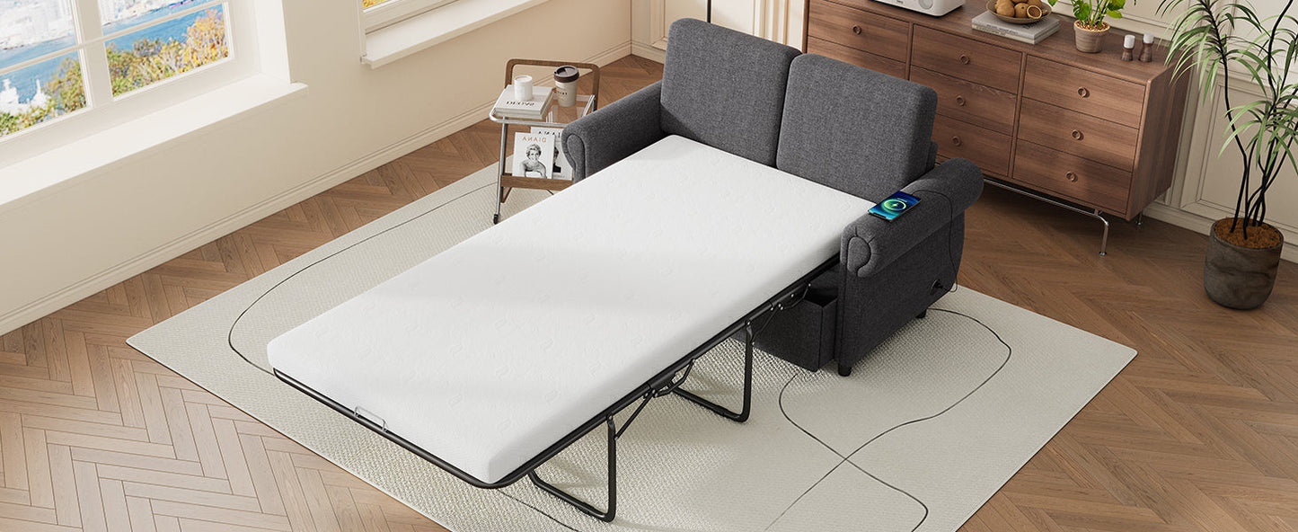 57.9" Pull Out Sofa Bed  Loveseat Sleeper With Twin Size Memory Mattress With Two USB Ports for Living Room Spaces