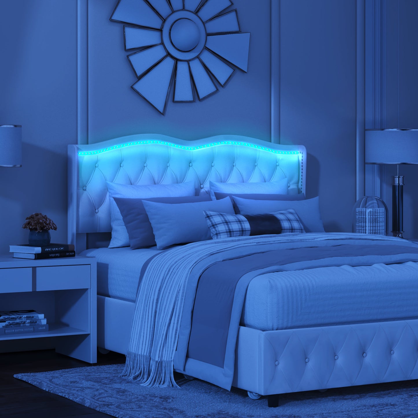 Queen Platform Bed Frame , Velvet Upholstered Bed With Deep Tufted Buttons and Nailhead Trim, Adjustable Colorful LED