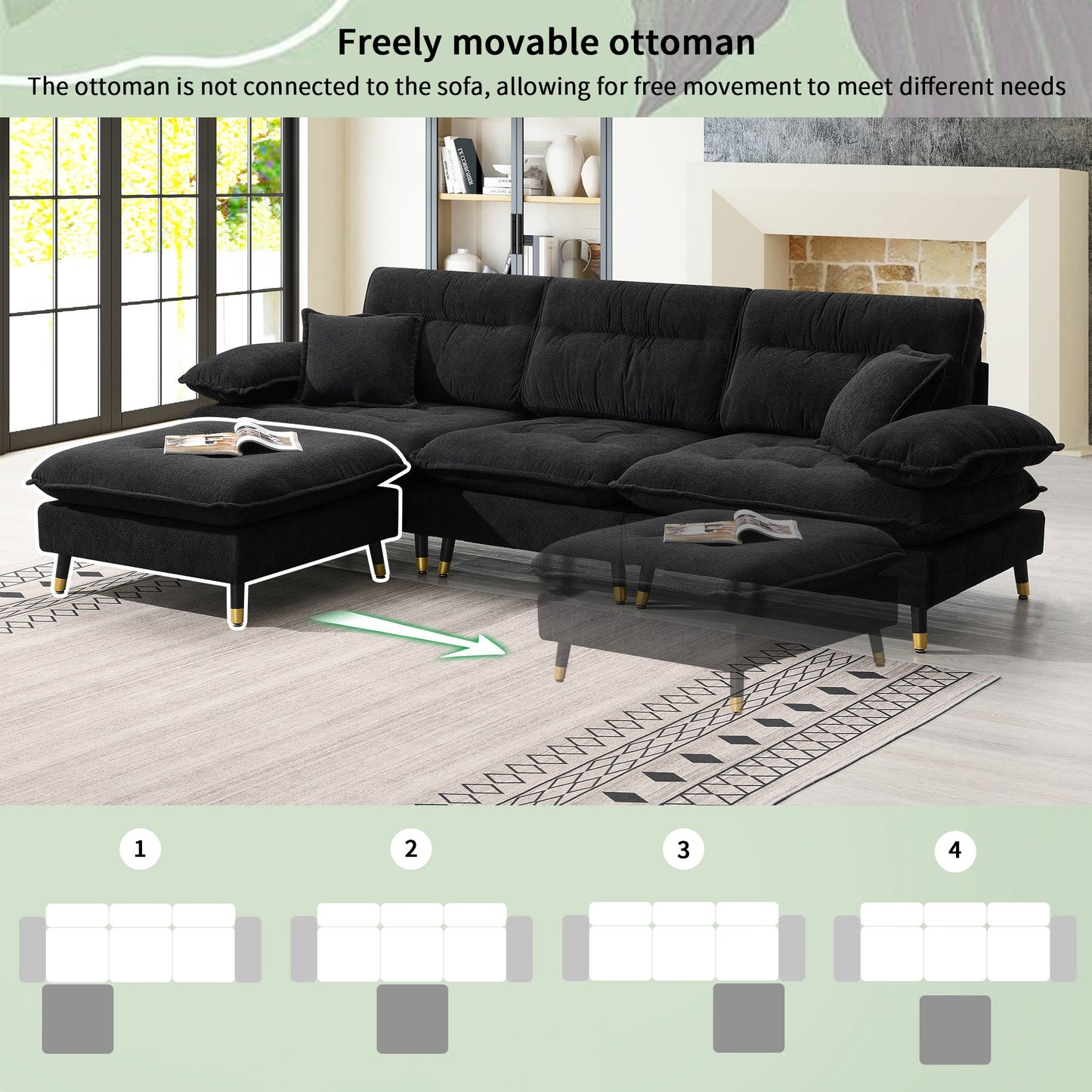 106*66.5" L Shaped Convertible Sectional Sofa,4 Seat Tufted Couch Set With Two-Tone Adjust Legs,Cloud Chenille Fabric