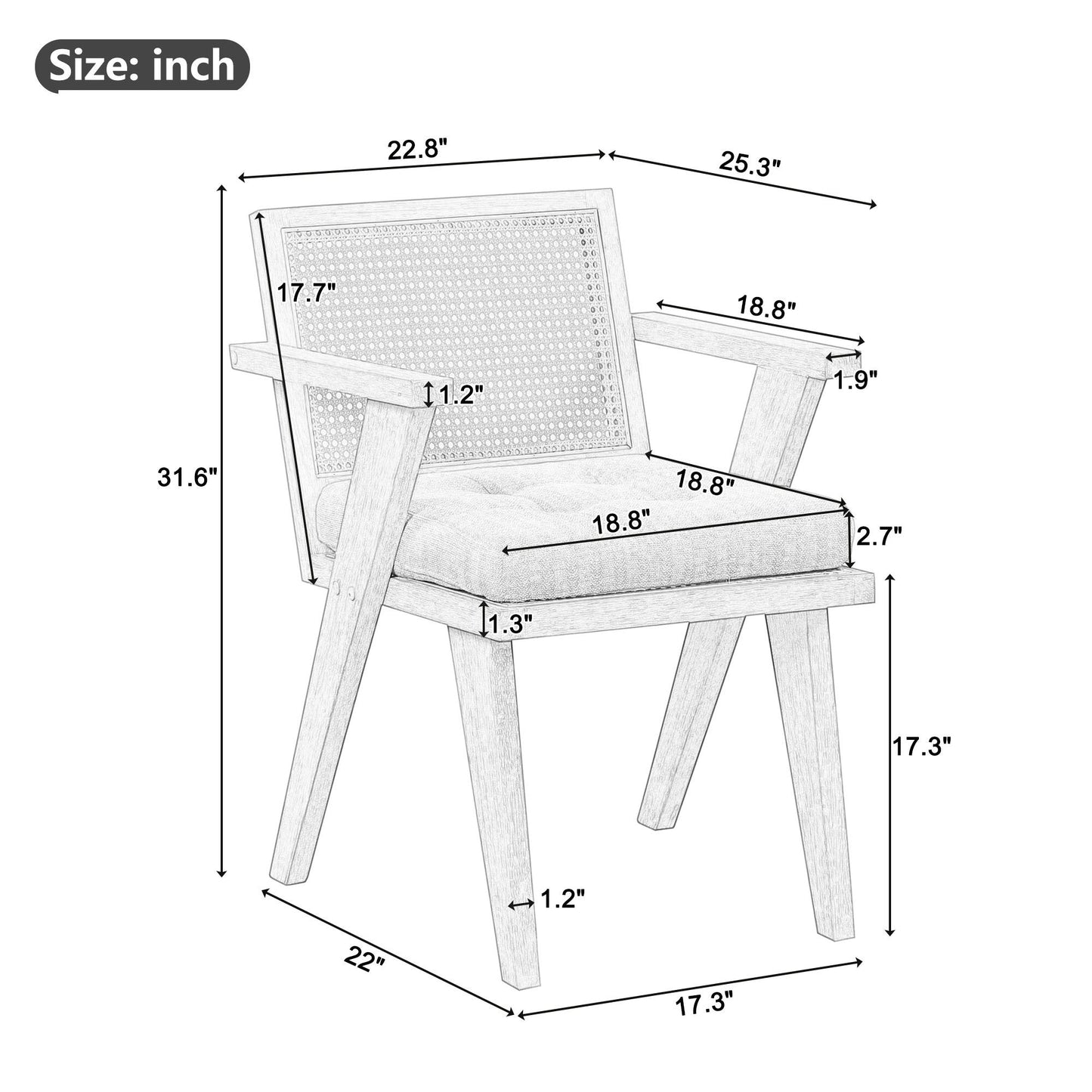 Mid-Century Accent Chair With Handcrafted Rattan Backrest and Padded Seat for Leisure, Bedroom, Kitchen, Living Room