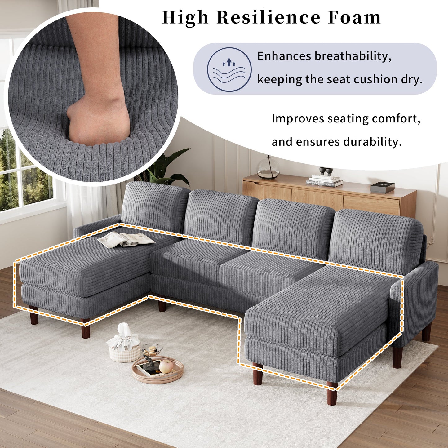 U-Shaped Sponge-Filled Cushion Combination Sofa, Suitable for Living Rooms, Studies, and Spacious Spaces