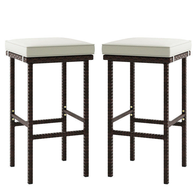 Patio Wicker Bar Stools Set of 2 With Seat Cushions and Footrest