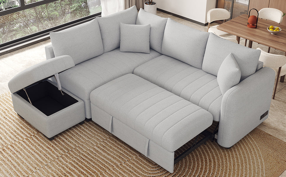 82.6" L-Shaped Sectional Pull Out Sofa Bed Sleeper Sofa With Two USB Ports, Two Power Sockets
