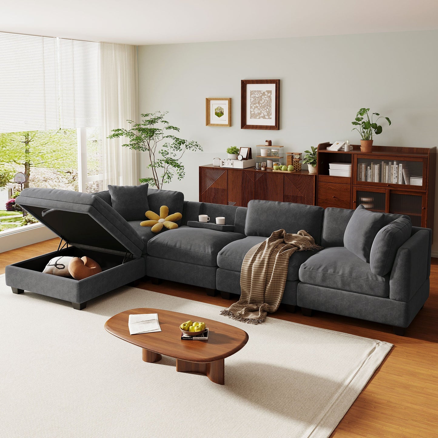 Upholstered Modular Sofa With Removable Storage Ottoman, 2 Hidden Cup Holders, Sectional Sofa for Living Room Apartment