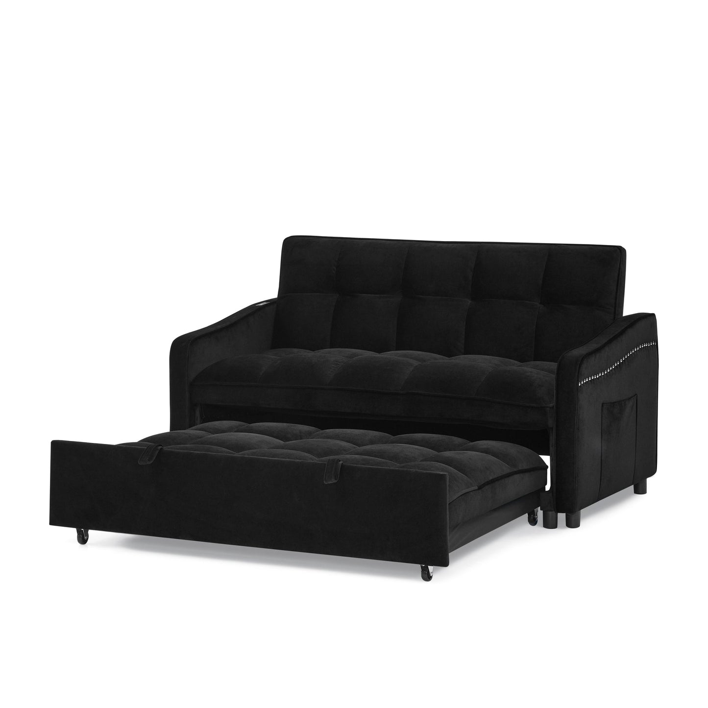 Loveseats Sofa Bed With Pull-Out Bed,Adjsutable Back and Two Arm Pocket,TypeC and USB Charging With Copper Nail,Black