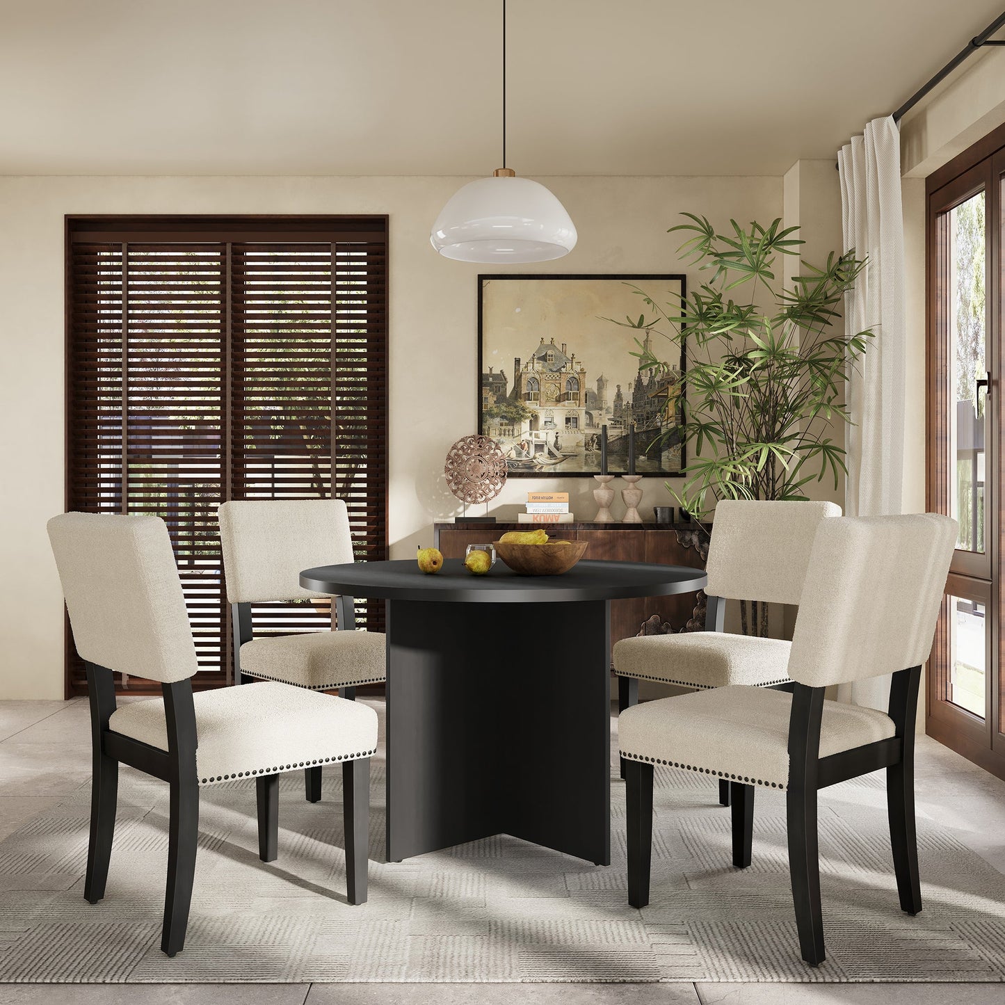Modern 5-Piece Round Dining Table Set Pedestal Kitchen Table Set With 4 Upholstered Dining Chairs