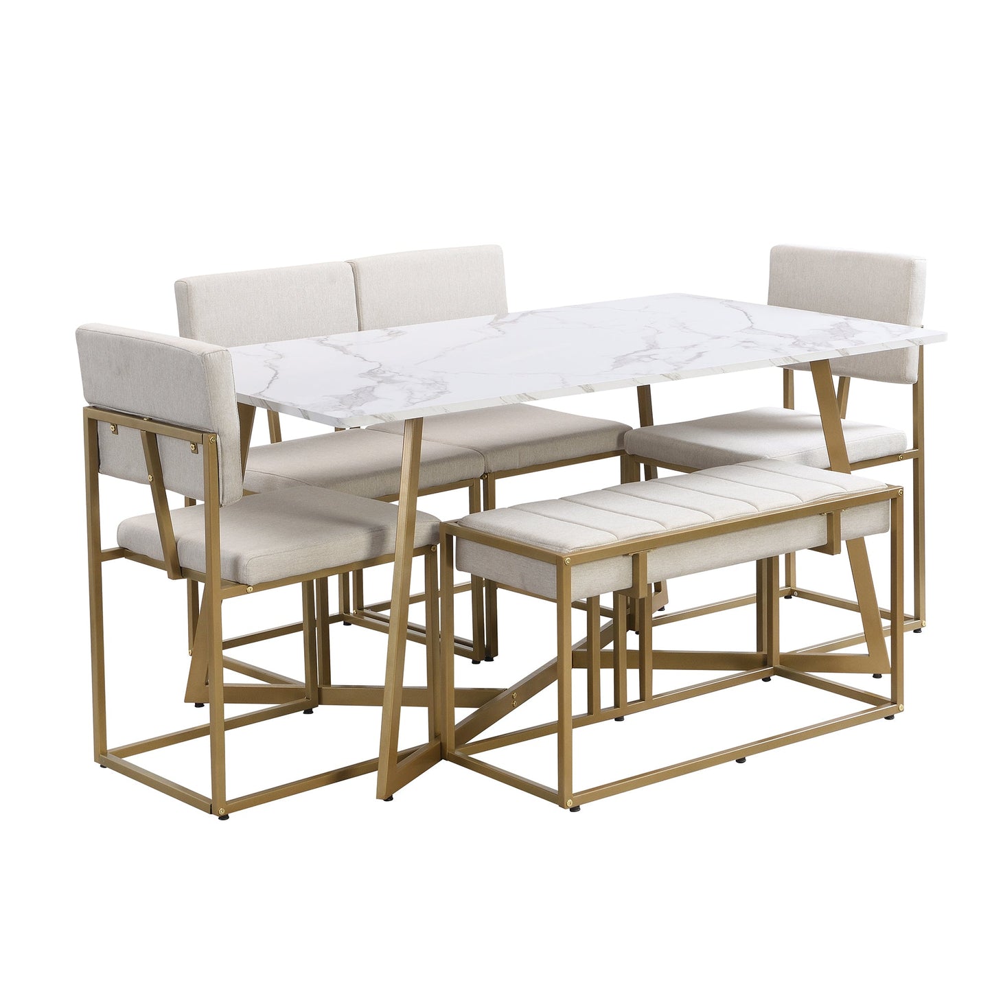 Modern Faux Marble 6-Piece Dining Table Set,60inch Metal Kitchen Table Set With Upholstered Dining Chairs and Bench