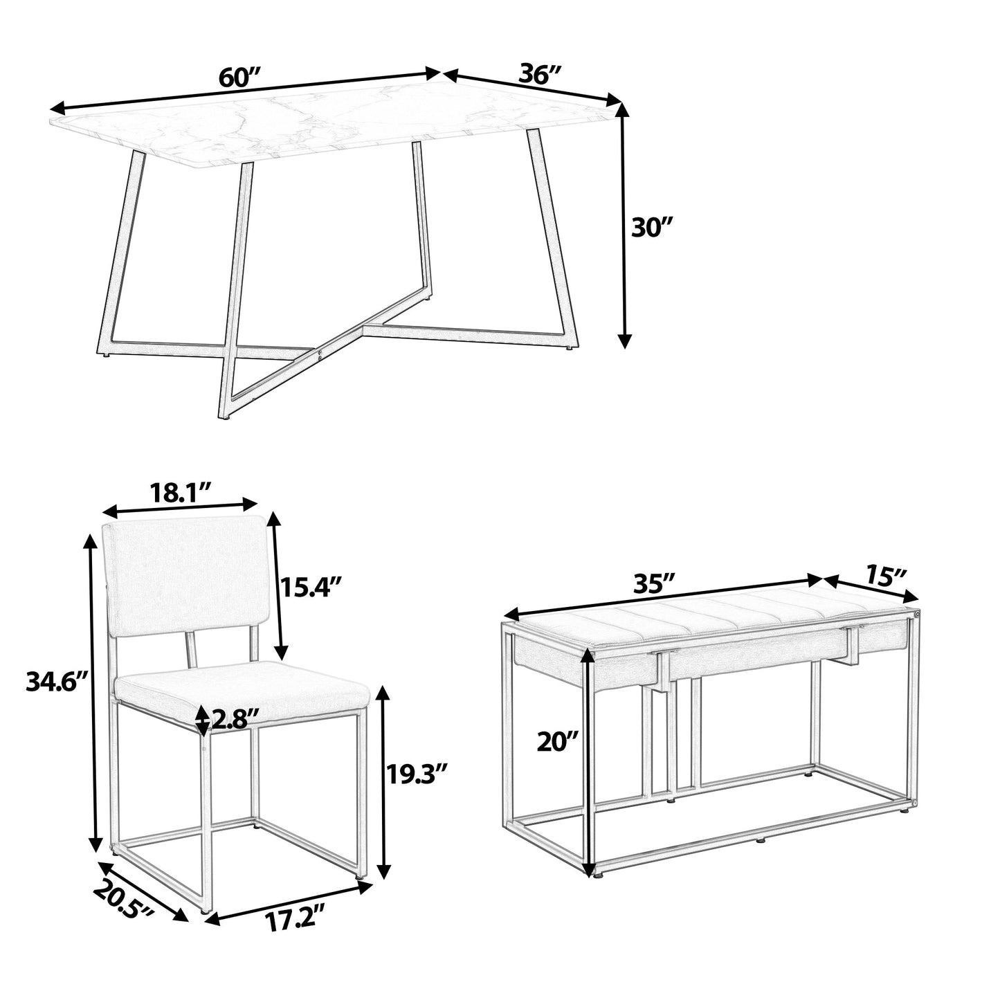 Modern Faux Marble 6-Piece Dining Table Set,60inch Metal Kitchen Table Set With Upholstered Dining Chairs and Bench