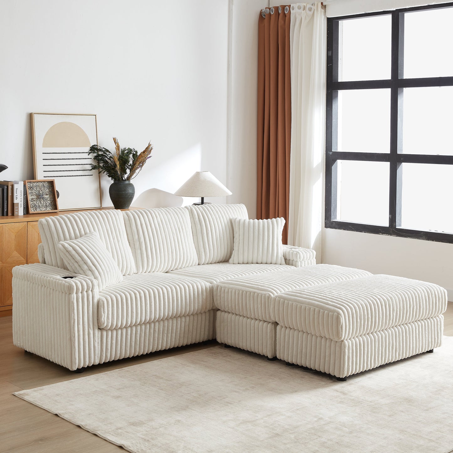 84Inch Corduroy 3-Seater Sofa With 3 Back Pillows ,2 Toss Pillows , a Ottoman ,2storage Spaces and Cup-Holding Grooves