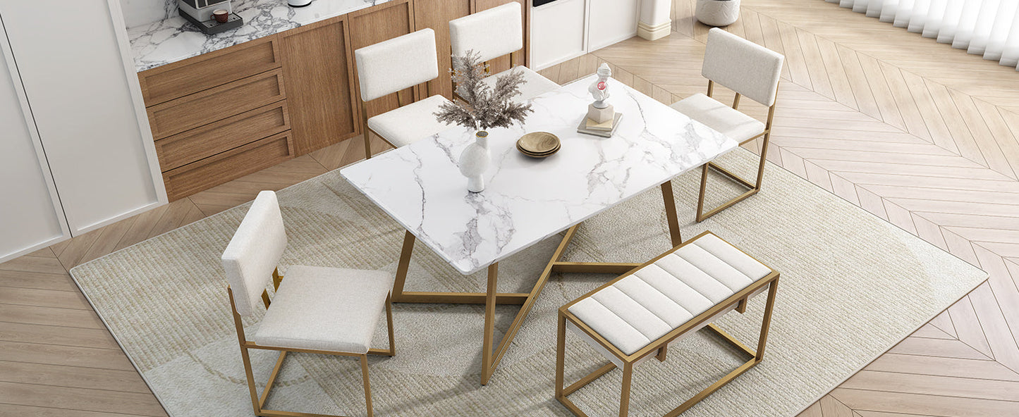 Modern Faux Marble 6-Piece Dining Table Set,60inch Metal Kitchen Table Set With Upholstered Dining Chairs and Bench