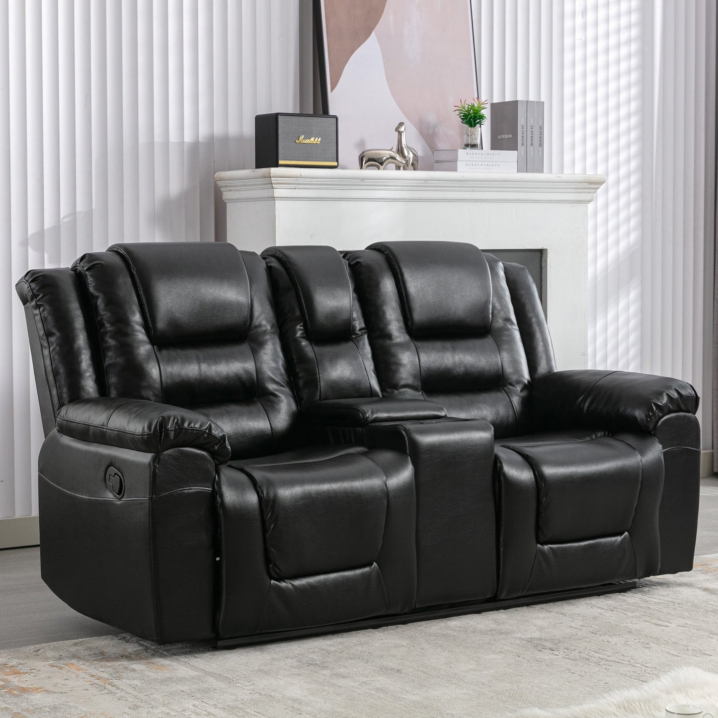 2 Seater Home Theater Recliner Manual Recliner Chair With a Storage Box and Two Cup Holders for Living Room,Bedroom, Black