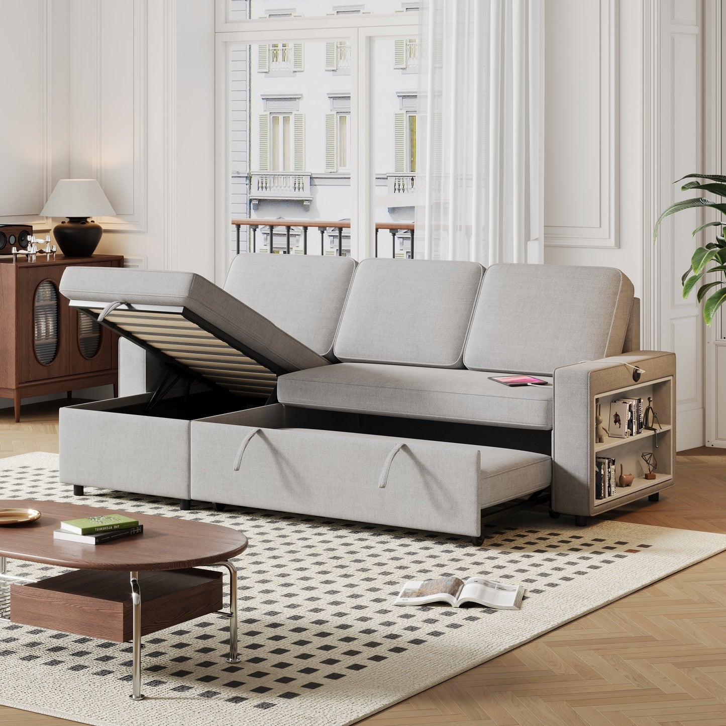 85.8" Pull Out Sleeper Sofa L-Shaped Couch Convertible Sofa Bed With Storage Chaise and Storage Racks,With USB Port